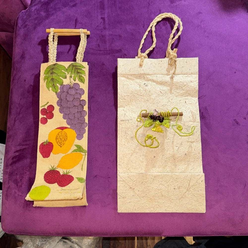 Wine gift bags set of 2 burlap fruit wooden rope single & double wine bottle bag - Picture 1 of 6